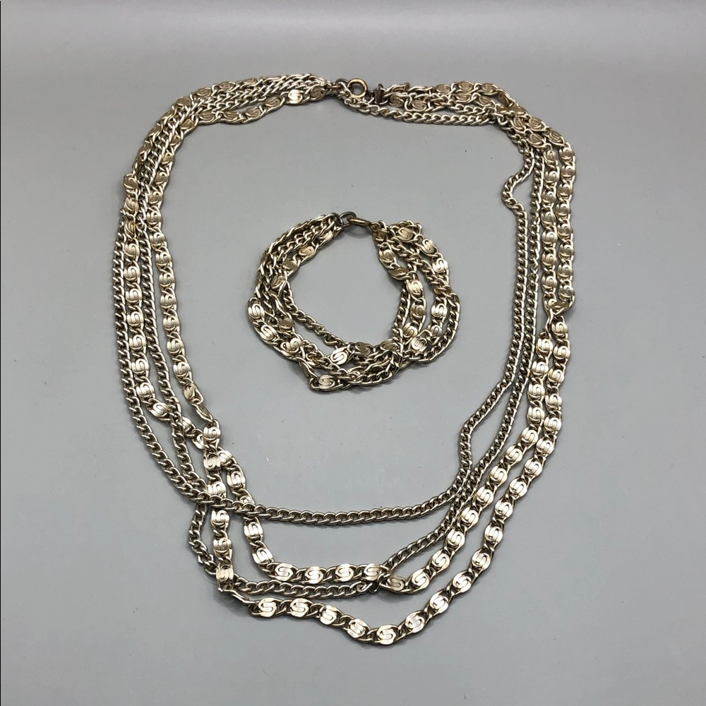 Vintage Sarah Coventry Greek Key Multi Chain Necklace and Bracelet Silver Tone.